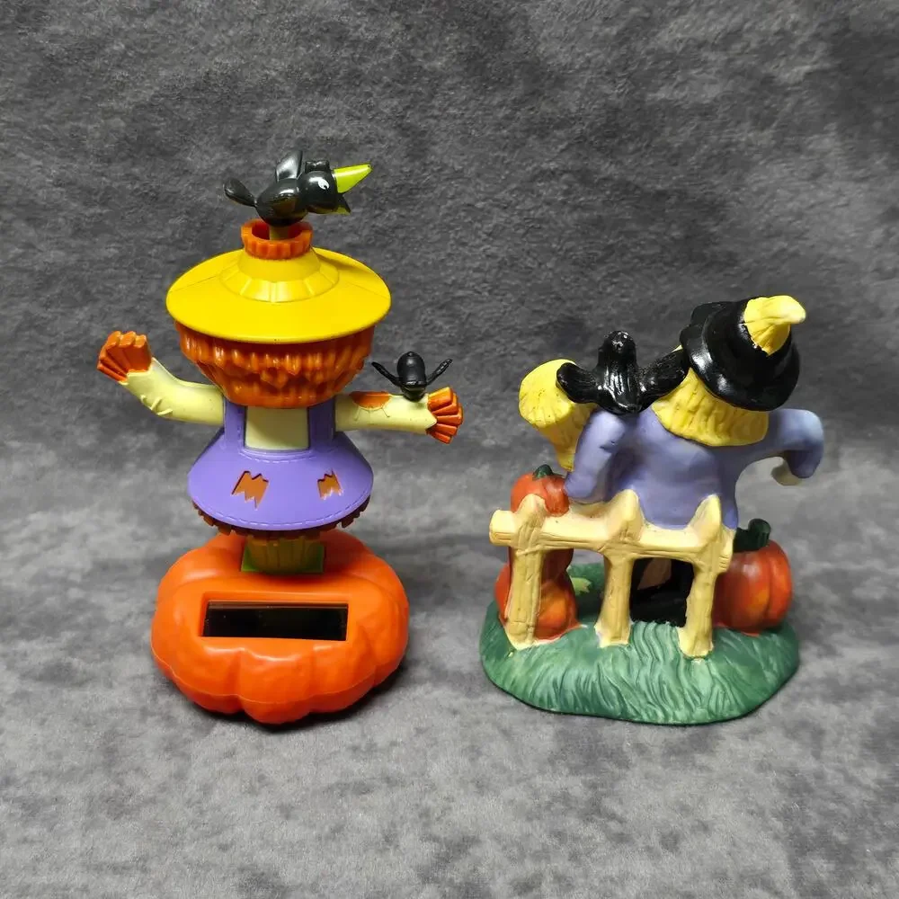 Solar Dancing Halloween Scarecrow Girl on Pumpkin & Crow Pumpkin Figurine Decor